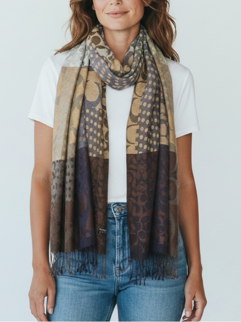 Pashmina Multitone Patterned Fringe Scarf Brown